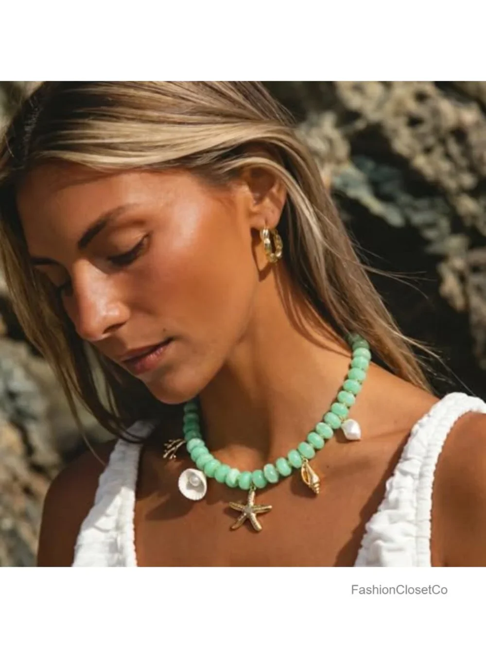 Resin Beaded Necklace with Starfish Seashell Charms, Adjustable Lobster Clasp,